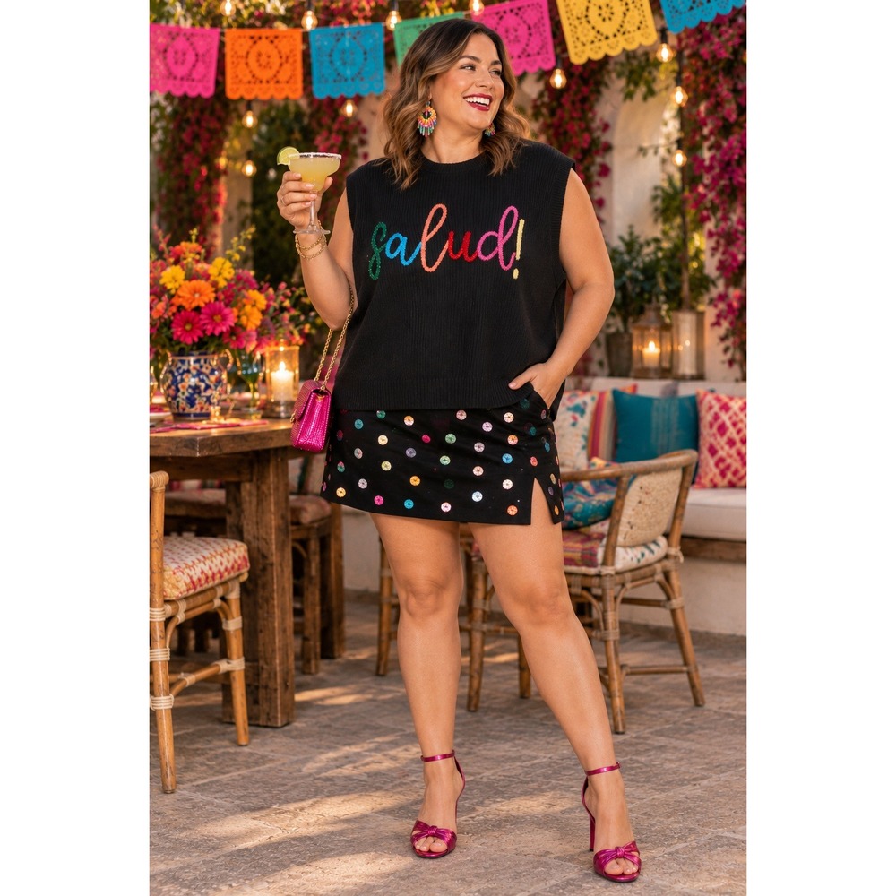 Queen of Sparkles Salud Glitter Embroidered Sweater Vest Black XXL Fiesta